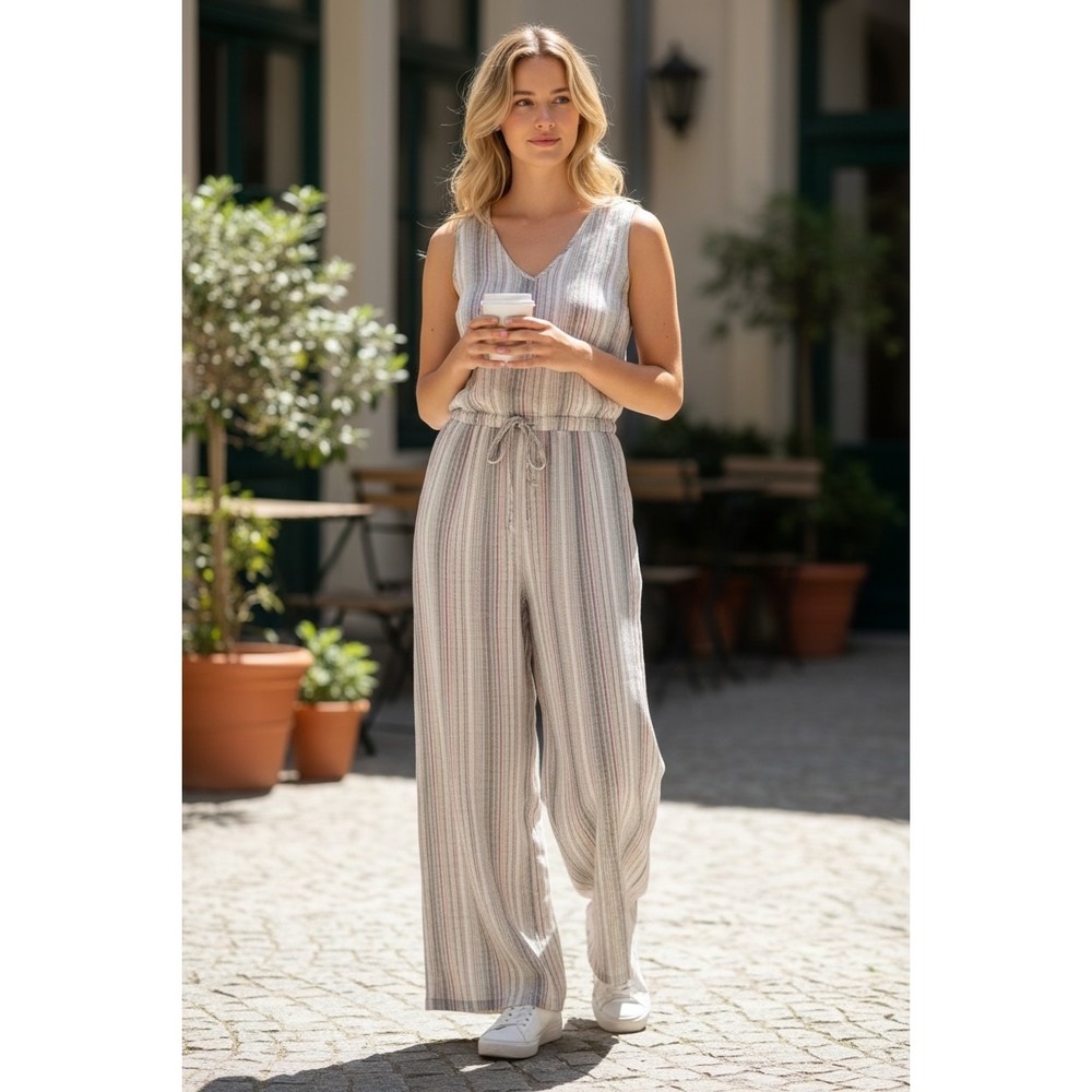 Drew Olive Combo Striped Sleeveless Wide Leg Jumpsuit Small NWT Made in USA